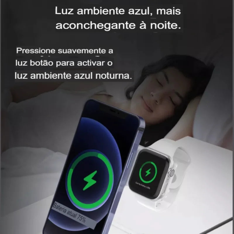 Base Carregadora Indução 3 em 1 Smartwatch Carrega Celular Apple Sem Fio Bluetooth