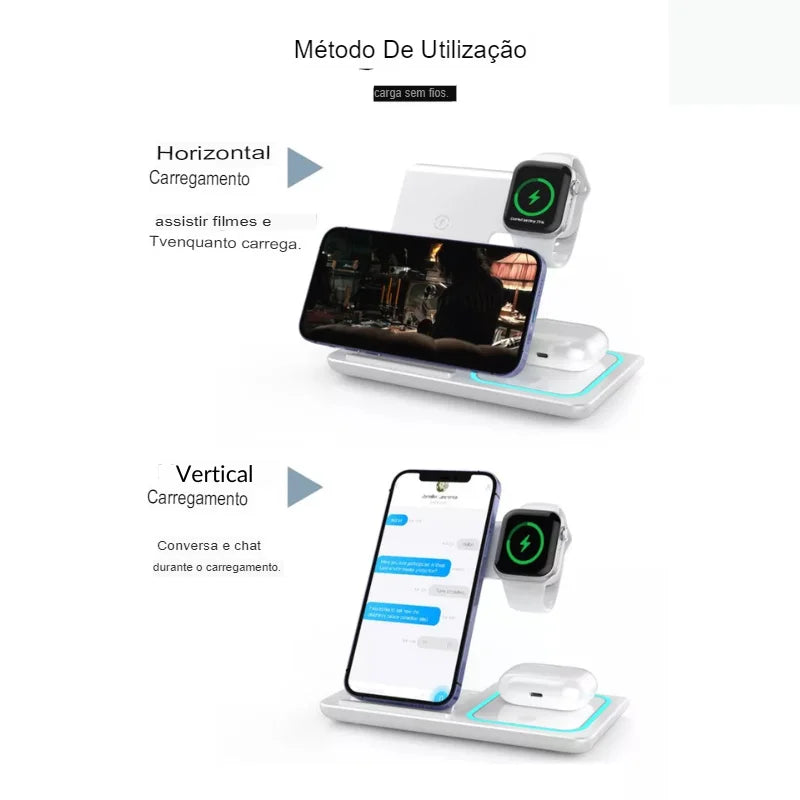 Base Carregadora Indução 3 em 1 Smartwatch Carrega Celular Apple Sem Fio Bluetooth