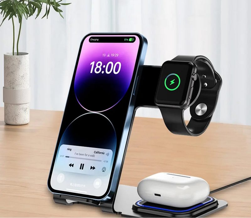Base Carregadora Indução 3 em 1 Smartwatch Carrega Celular Apple Sem Fio Bluetooth