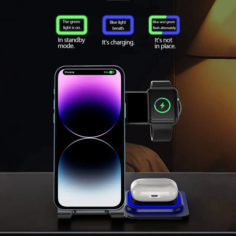 Base Carregadora Indução 3 em 1 Smartwatch Carrega Celular Apple Sem Fio Bluetooth