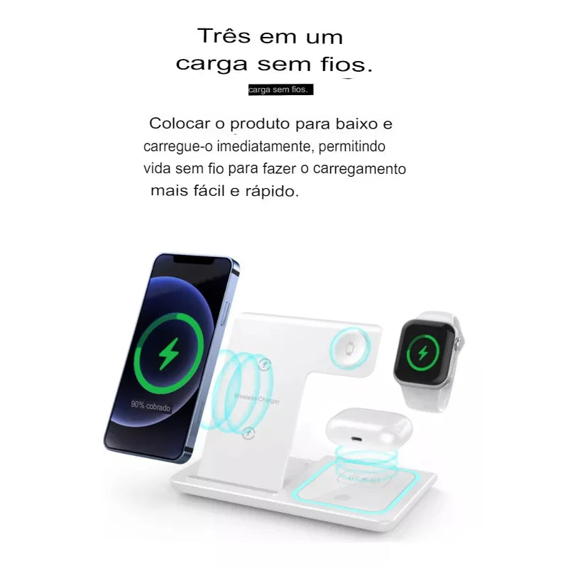 Base Carregadora Indução 3 em 1 Smartwatch Carrega Celular Apple Sem Fio Bluetooth