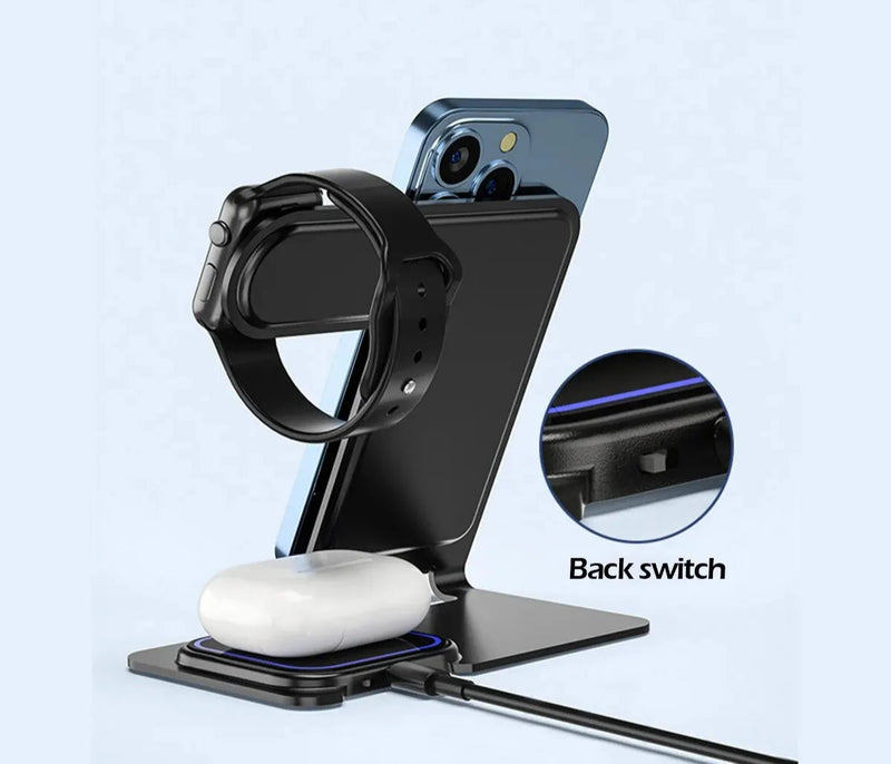 Base Carregadora Indução 3 em 1 Smartwatch Carrega Celular Apple Sem Fio Bluetooth